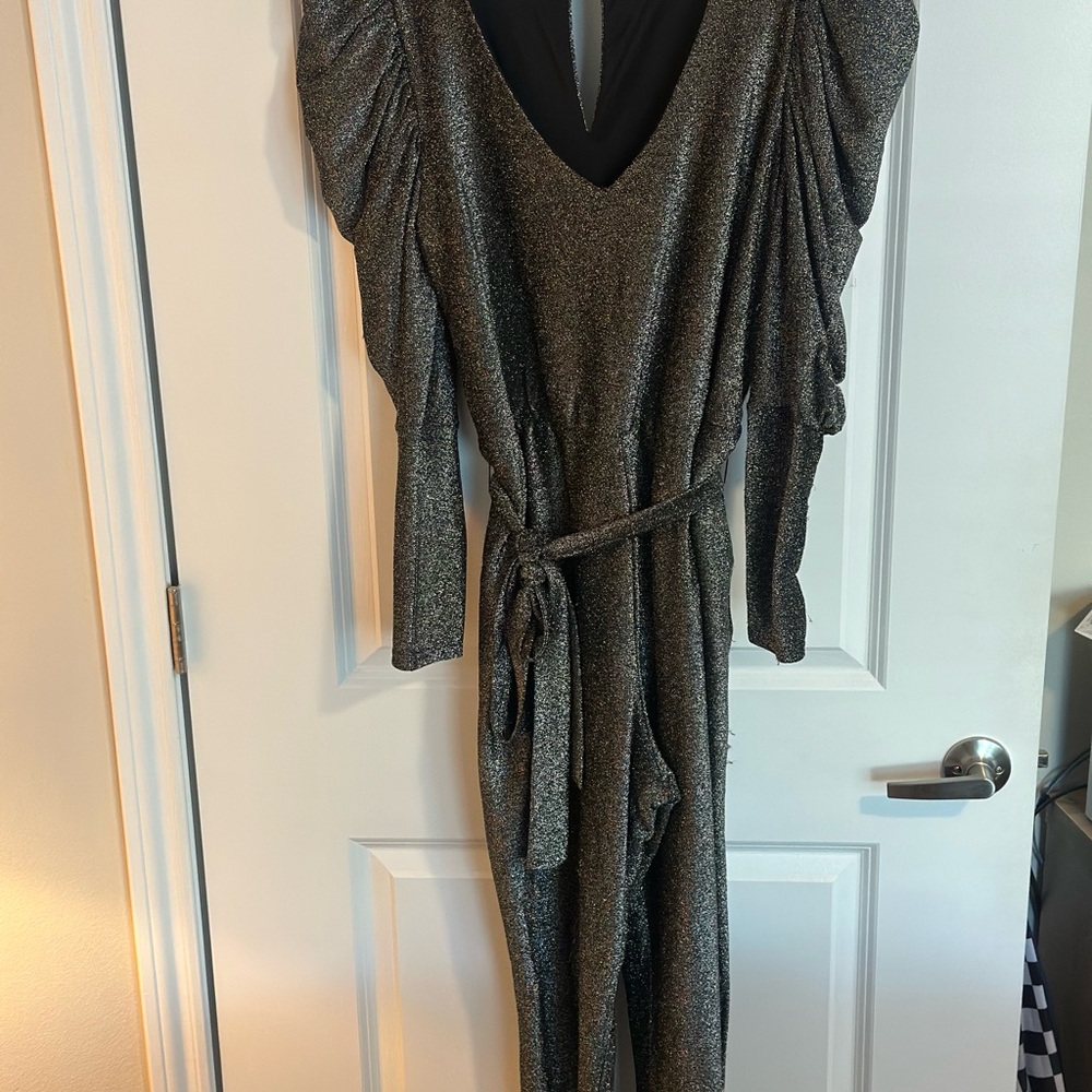 Eloquii Silver Black Shimmer Long Sleeve Jumpsuit